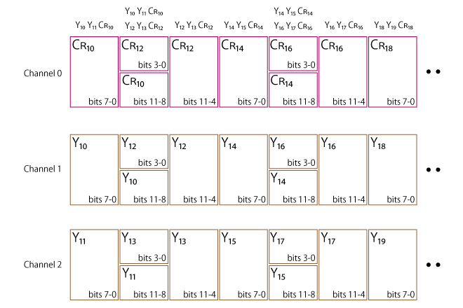 Pixel packing of YCbCr 4:2:0 (36bit) Line 1